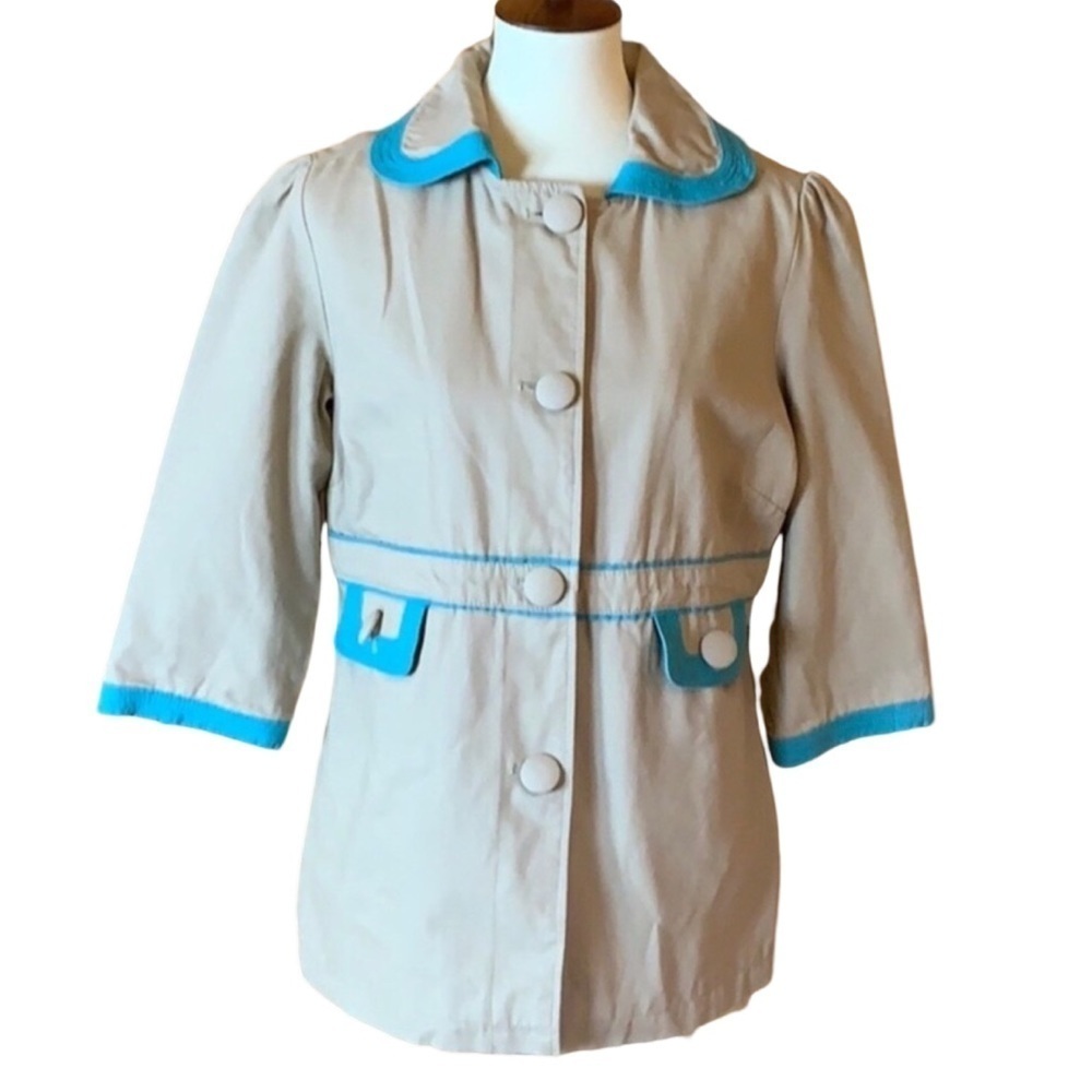 Old Navy Khaki canvas jacket with aqua trim Size Large